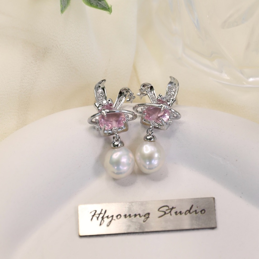Bunny Freshwater Pearl Earrings with Pink Heart For Easter